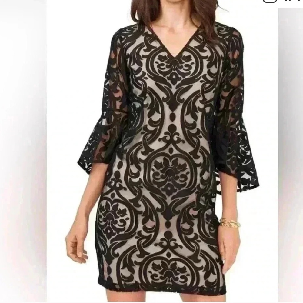 MSK Black and Cream Patterned Bell Sleeve Size 8 Mesh Dress NWT